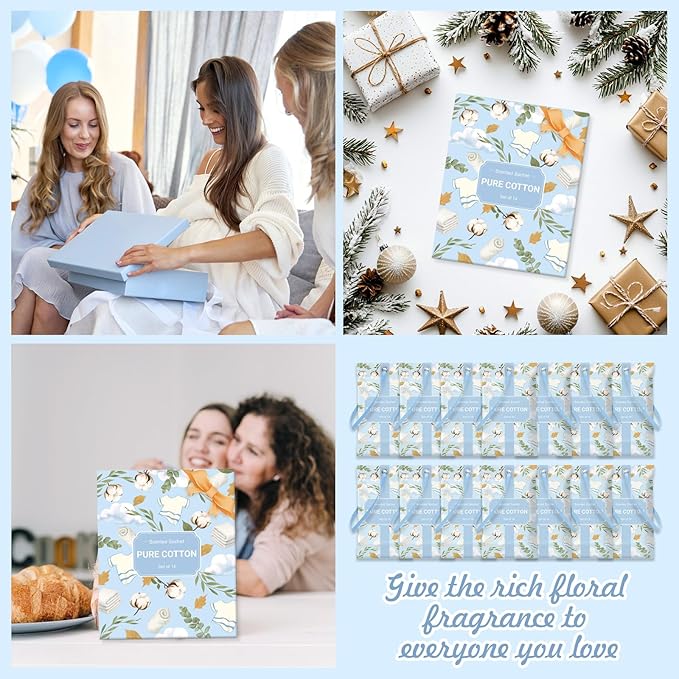 SCENTORINI Scented Sachets for Drawers and Closets, Pure Cotton Scent 14 Pack, Long-Lasting Sachets Bags Wardrobe Freshener, for Drawers, Closets, Cars