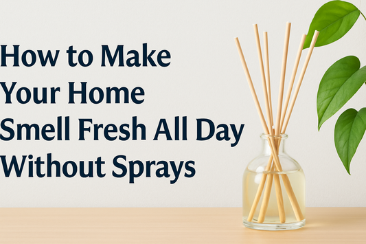 A clean minimalist thumbnail banner featuring a reed diffuser and green leaves on a light wooden surface, styled for an article about keeping a home smelling fresh without sprays.