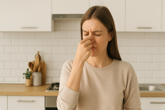 A woman standing in a clean, modern kitchen pinching her nose due to an unpleasant household odor, representing indoor odor issues and freshness challenges.