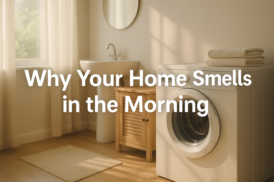 A bright modern laundry room with a woven basket of rolled white towels and a potted plant above a front-loading washer, shown in a clean horizontal layout.