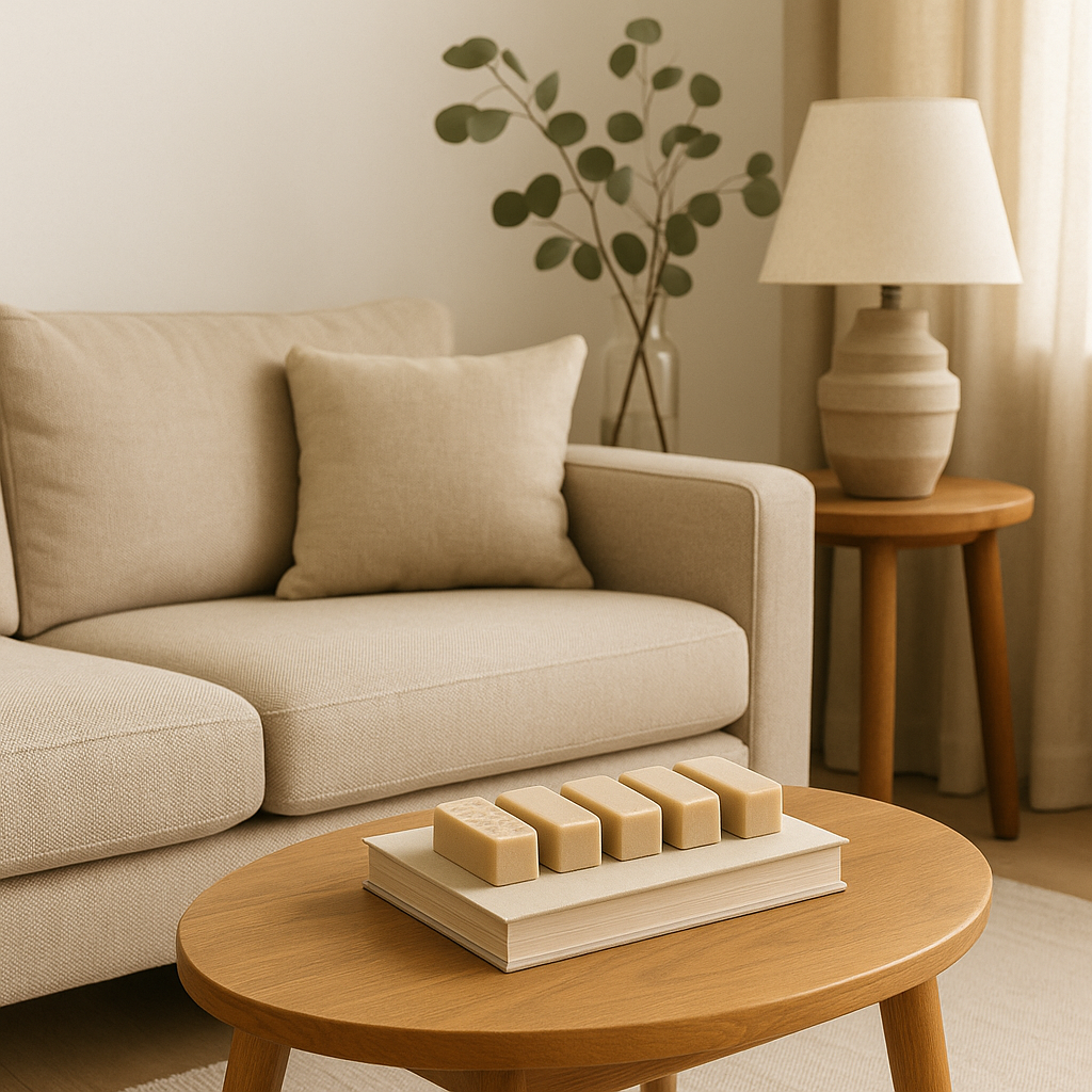 Beige living room with a sofa, wooden tables, and solid scent bars displayed on a book.