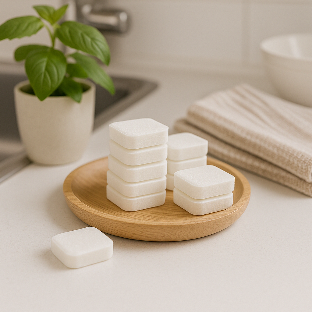 A stack of white kitchen odor scent tabs arranged on a wooden dish on a clean kitchen countertop, with basil plant and towels creating a fresh, natural lifestyle setting.