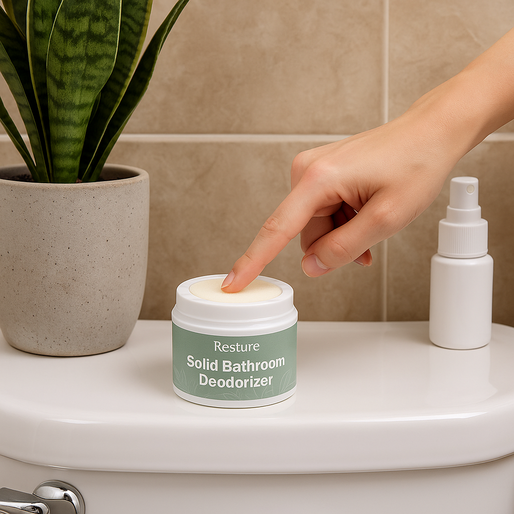 Resture solid bathroom deodorizer placed on a toilet tank with a hand touching the pad, next to a plant and spray bottle for a clean, fresh bathroom look.