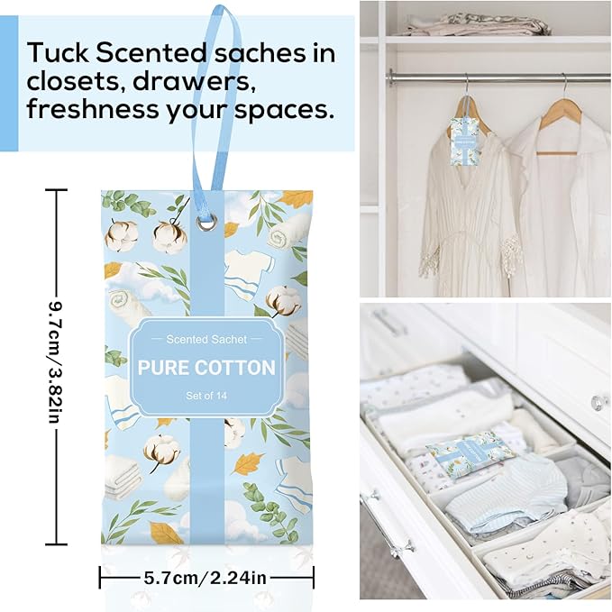 SCENTORINI Scented Sachets for Drawers and Closets, Pure Cotton Scent 14 Pack, Long-Lasting Sachets Bags Wardrobe Freshener, for Drawers, Closets, Cars