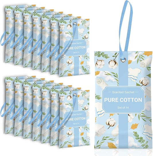 SCENTORINI Scented Sachets for Drawers and Closets, Pure Cotton Scent 14 Pack, Long-Lasting Sachets Bags Wardrobe Freshener, for Drawers, Closets, Cars