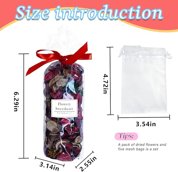 DIY Sweet Floral Heart Shaped Dry Flower Sachet Set|Home, car, and Gift|Scented Sachets for Drawers and Closets, Long-Lasting Sachets Bags Wardrobe Freshener, | Eco refillable Bags (5 Bags+Flowers).