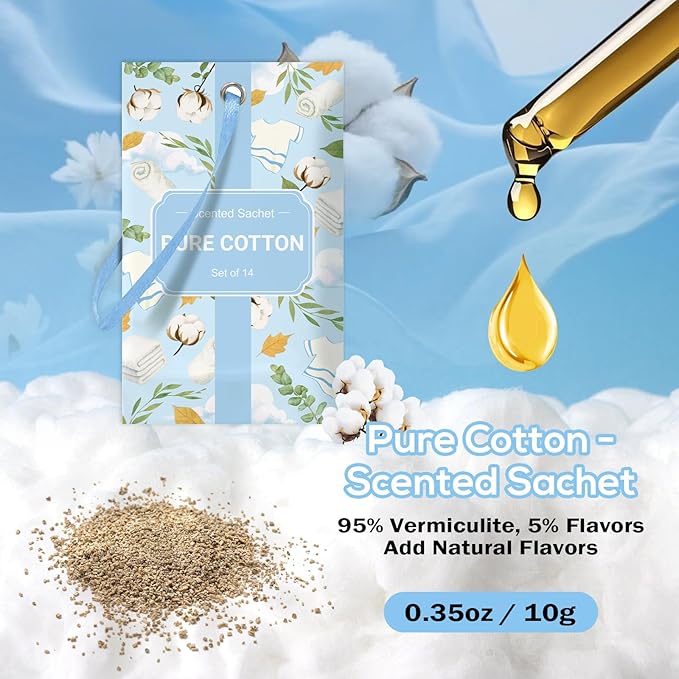 SCENTORINI Scented Sachets for Drawers and Closets, Pure Cotton Scent 14 Pack, Long-Lasting Sachets Bags Wardrobe Freshener, for Drawers, Closets, Cars
