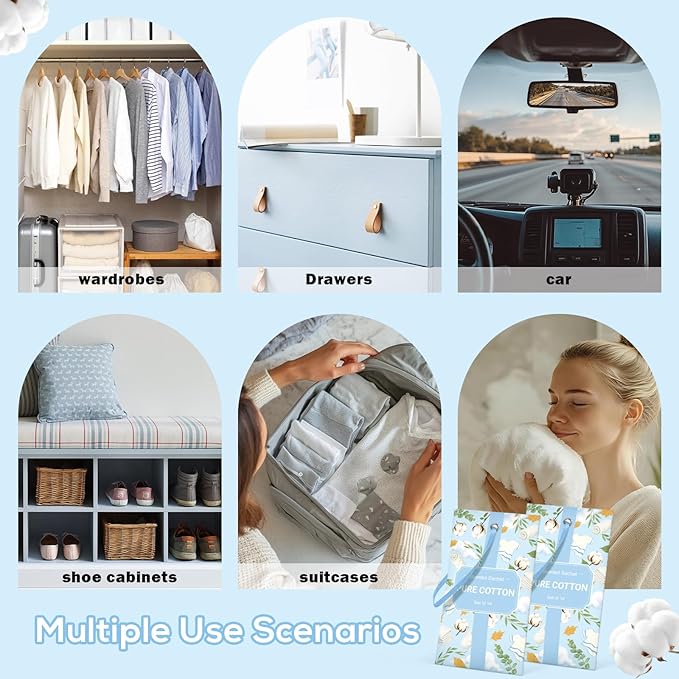 SCENTORINI Scented Sachets for Drawers and Closets, Pure Cotton Scent 14 Pack, Long-Lasting Sachets Bags Wardrobe Freshener, for Drawers, Closets, Cars