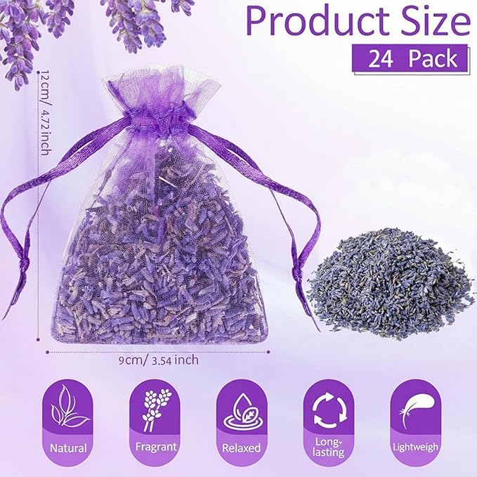 Lavender Sachets (24 Pack),Dried Lavender Flowers, Set of 24, Lavendar Home Fragrance Sachets for Drawers and Closets