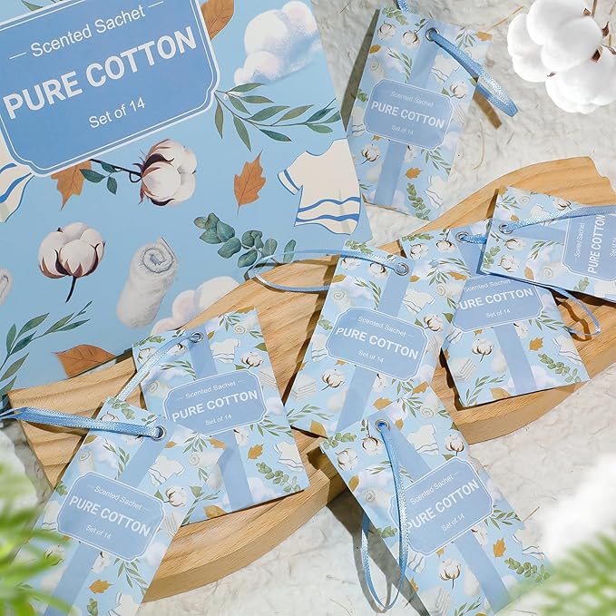 SCENTORINI Scented Sachets for Drawers and Closets, Pure Cotton Scent 14 Pack, Long-Lasting Sachets Bags Wardrobe Freshener, for Drawers, Closets, Cars