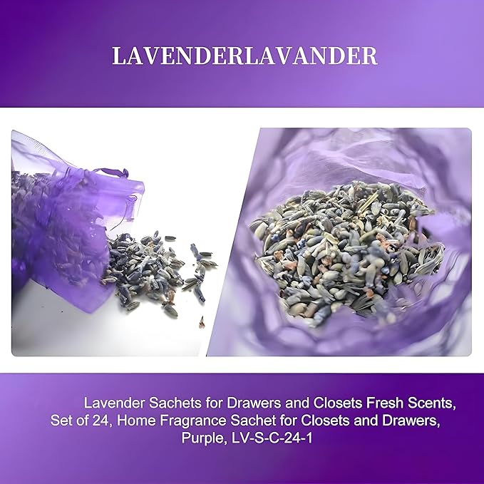 Lavender Sachets (24 Pack),Dried Lavender Flowers, Set of 24, Lavendar Home Fragrance Sachets for Drawers and Closets