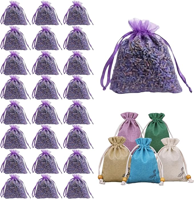 AZY Lavender-Scented Sachet Bags – 24 Pack with 5 Extra Linen Bags, Natural Fragrance Sachets for Drawers, Closets, Cars & Home Decoration