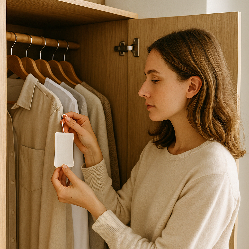 A woman organizing her closet and hanging a freshener sheet to keep clothes dry and odor-free.