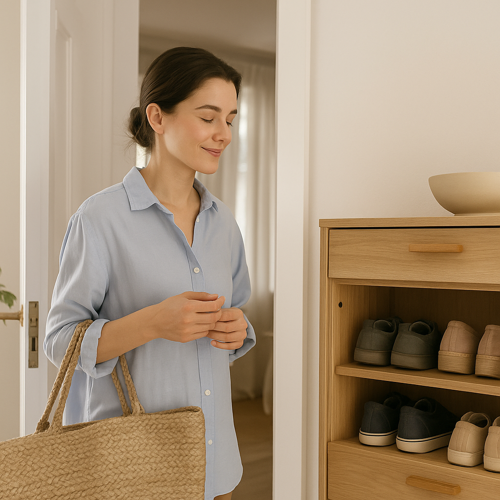 A woman entering a clean, naturally lit entryway with a fresh-smelling shoe cabinet, representing odor removal using solid scent pads.