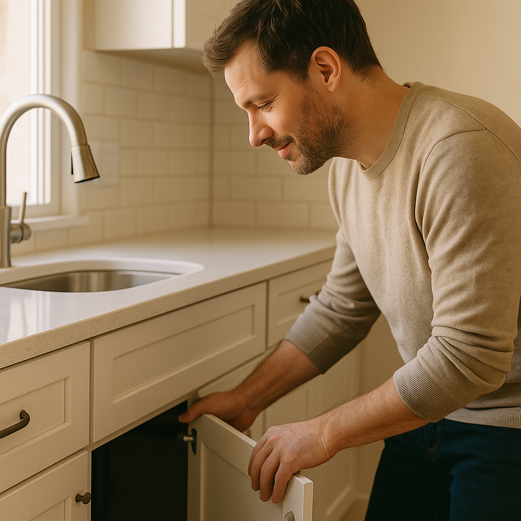 A man inspecting the area under his kitchen sink in a bright, clean kitchen, representing the use of kitchen deodorizer tabs to remove odors.