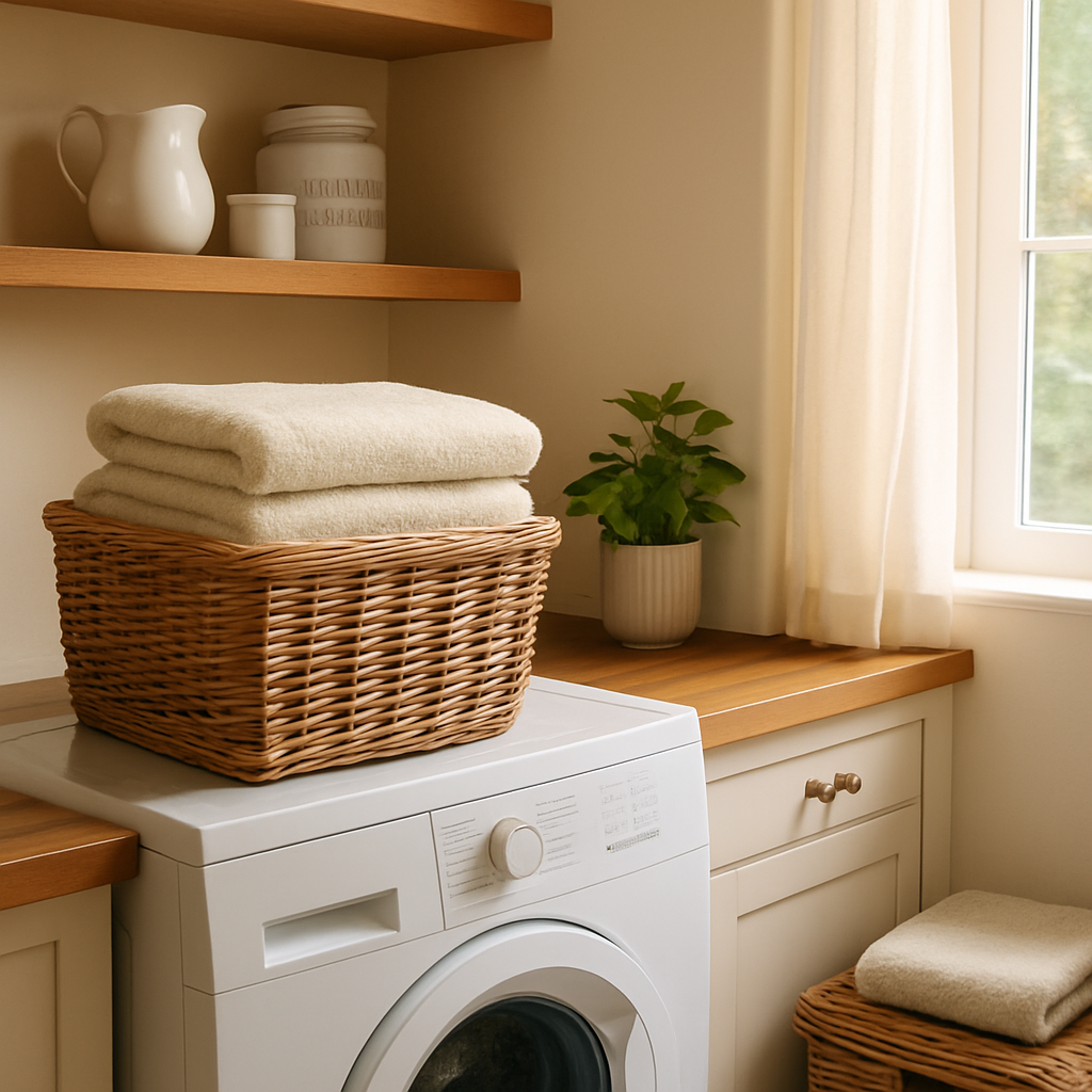 A clean, bright laundry room with folded towels and a washing machine, representing improved freshness using laundry scent tabs.