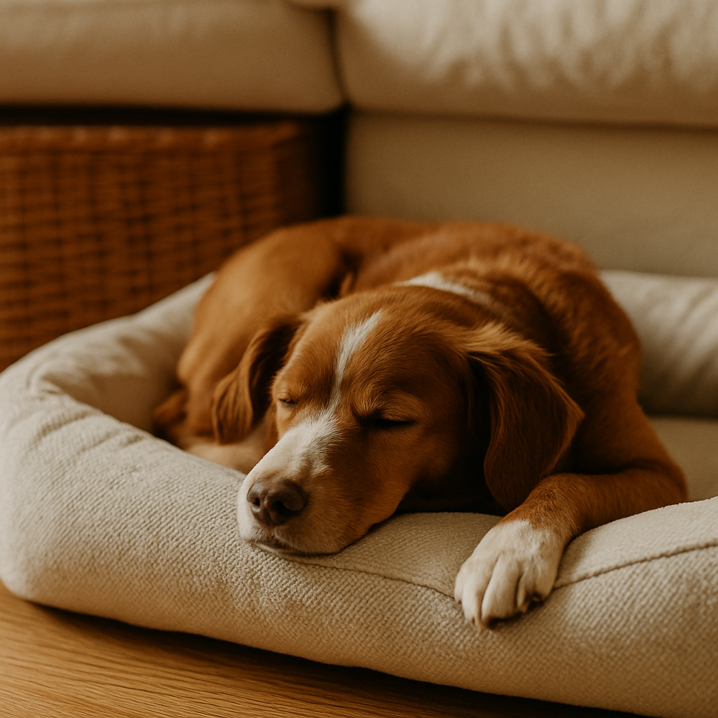 A dog resting comfortably on a clean pet bed in a warm, tidy living space, symbolizing reduced pet odors and a fresher environment.
