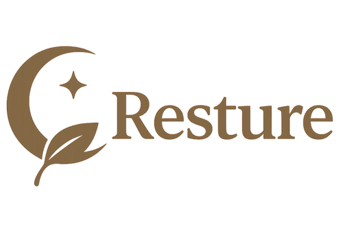 Resture logo with crescent moon, star, and leaf symbol for sleep and relaxation brand