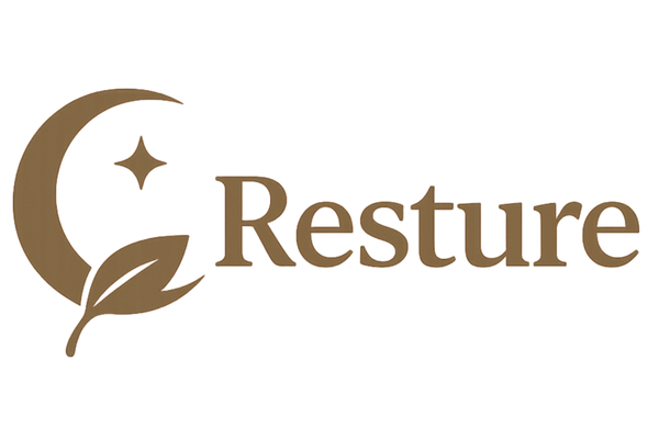 Resture logo with crescent moon, star, and leaf symbol for sleep and relaxation brand
